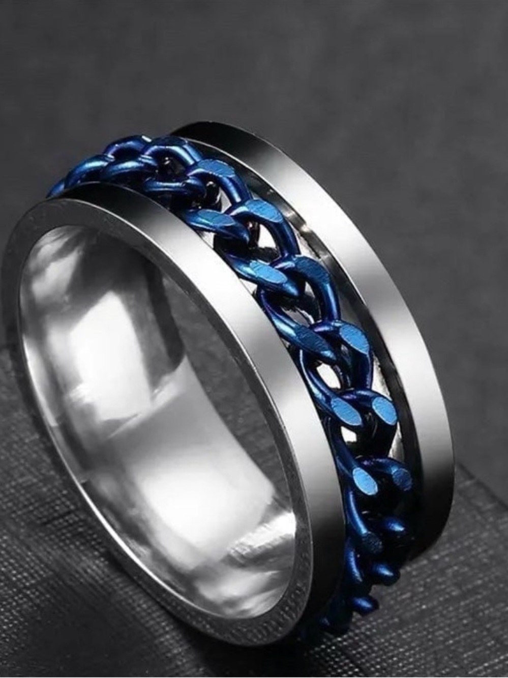 Silver Blue Titanium Cuban Chain Inlay Men's Spinner Ring Band